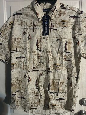 Men’s Crossings Short Sleeve Button Down Shirt Fly Fishing Large NWT